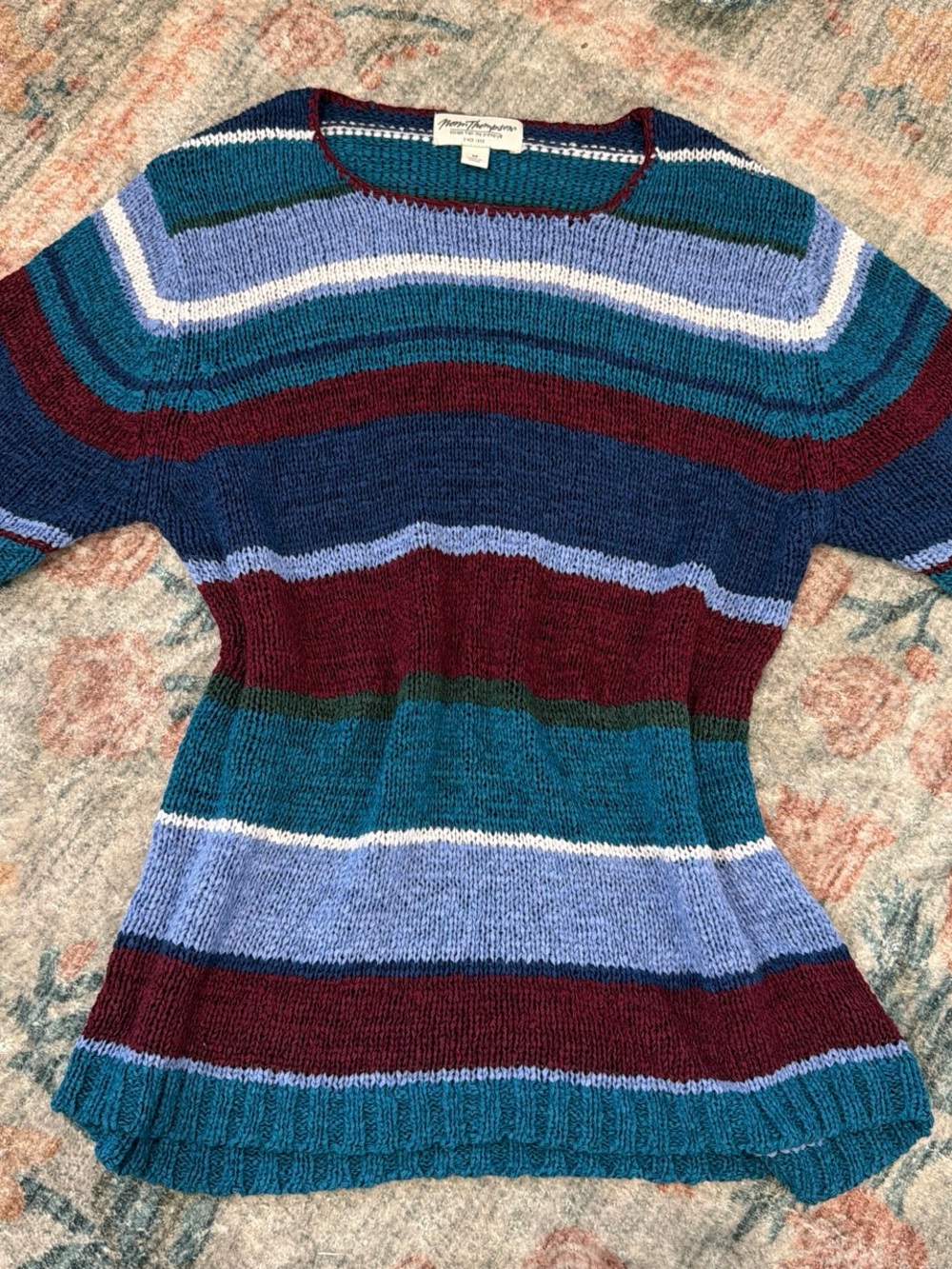 Norm Thompson Striped Crewneck Sweater - Navy, Teal, Burgundy, Light Blue